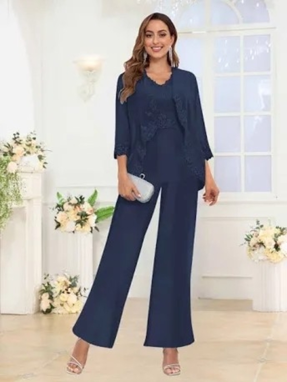 Women's Formal 3 Piece Chiffon Navy Blue Lace Wide-Leg Pantsuit Set Size 12
